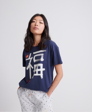 Superdry Calligraphy CNY Portland Női Pólók Sötétkék | TLYFC1436